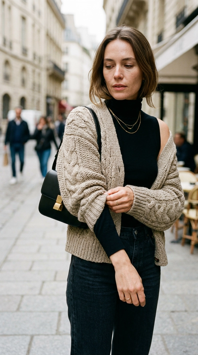photorealistic luxury editorial fashion street style, shot on 35mm lens, highly detailed, ultra-realistic, soft natural lighting, editorial aesthetic, a woman wearing a chunky knit cardigan over a sleek sleeveless turtleneck, focused on the arm silhouette, no text --ar 9:16