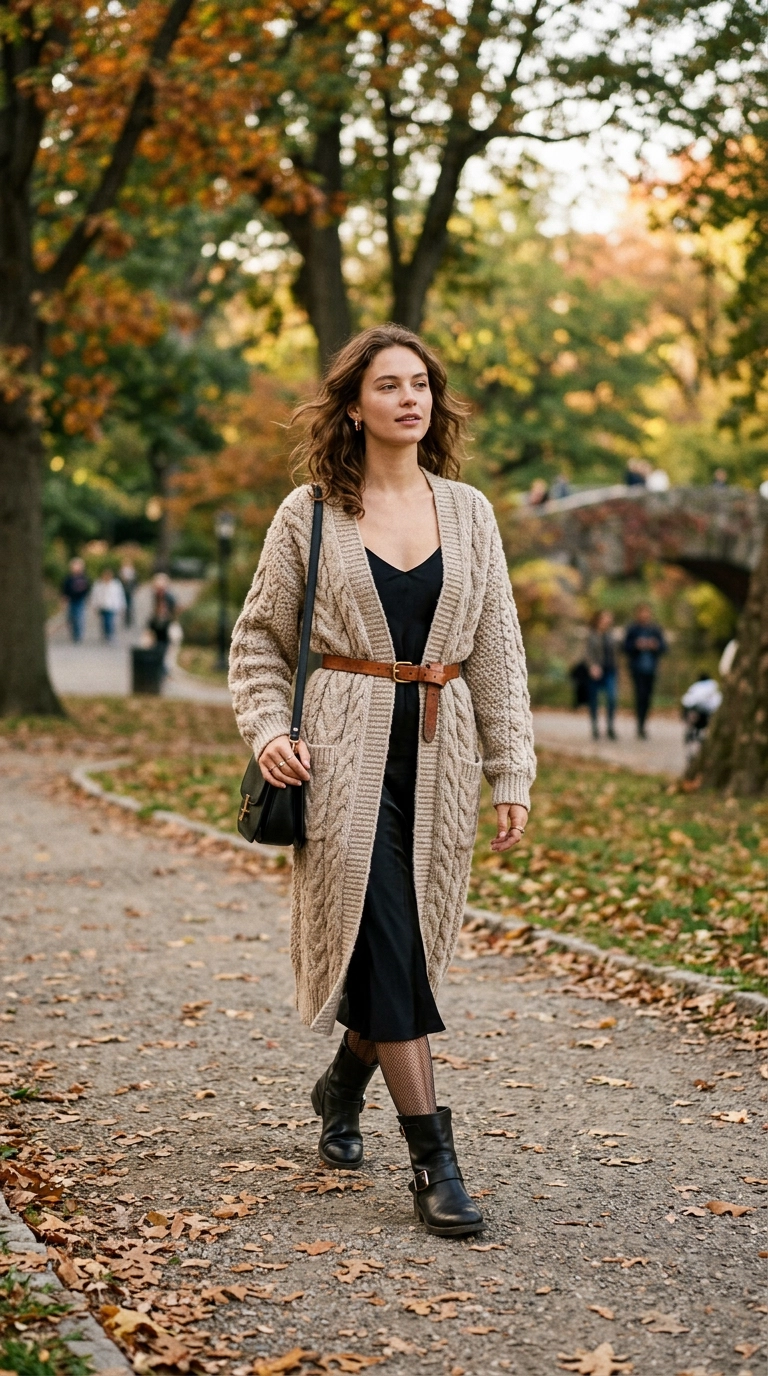 photorealistic luxury editorial fashion street style, shot on 35mm lens, highly detailed, ultra-realistic, soft natural lighting, editorial aesthetic, a woman wearing a long chunky cardigan cinched with a thin leather belt at the waist, walking in a park, no text --ar 9:16