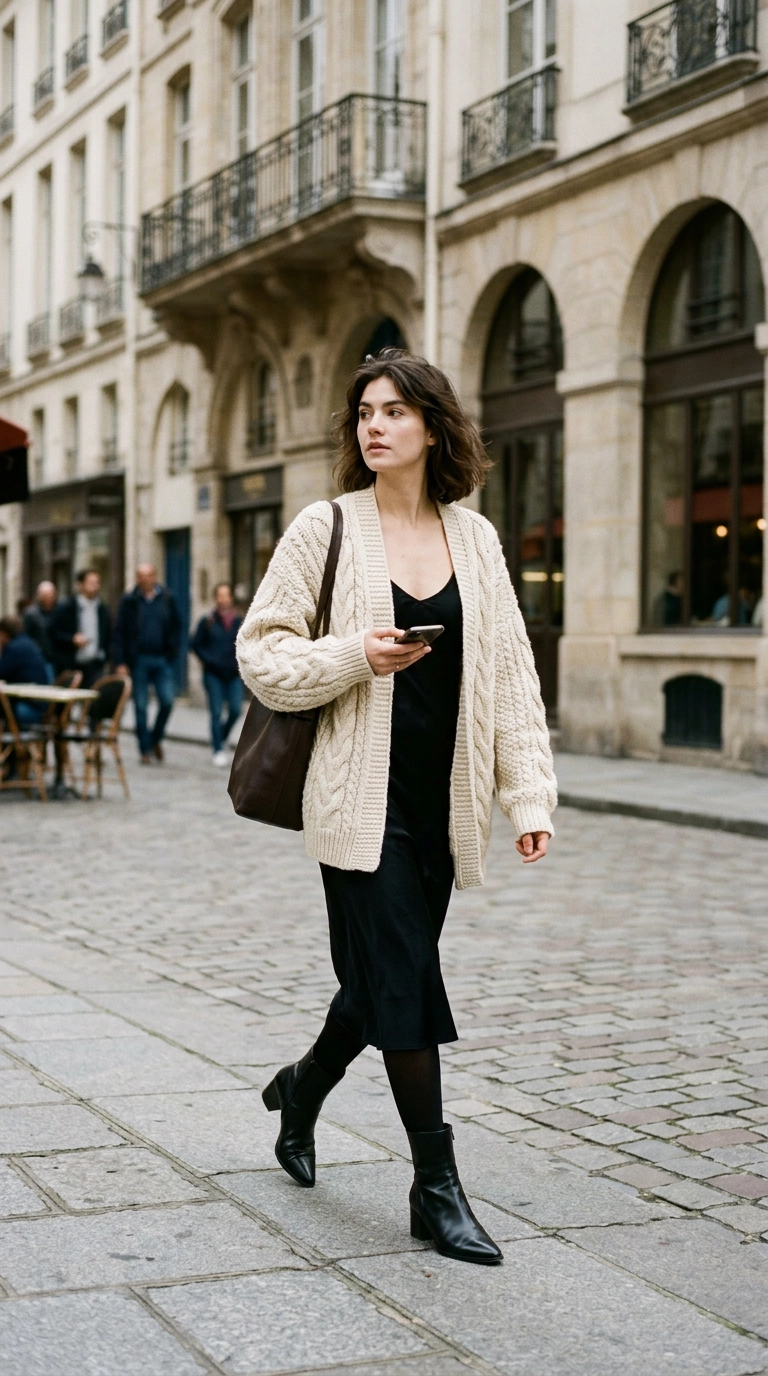 photorealistic luxury editorial fashion street style, shot on 35mm lens, highly detailed, ultra-realistic, soft natural lighting, editorial aesthetic, a woman wearing a heavy knit cardigan and pointed-toe leather boots, walking on a sidewalk, no text --ar 9:16