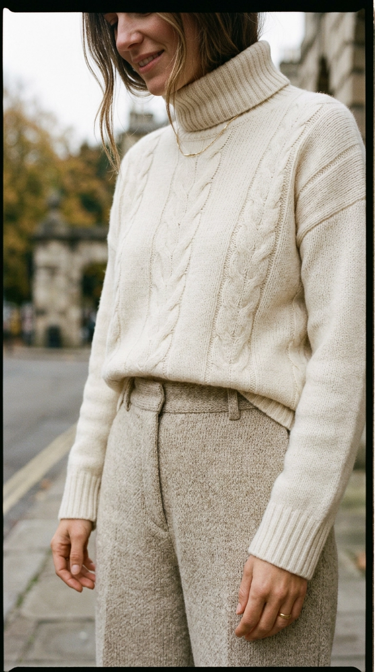 A close-up detail shot of a woman wearing a heavy, high-quality cream cashmere sweater paired with thick wool trousers, showing rich fabric textures, photorealistic luxury editorial fashion street style, shot on 35mm lens, highly detailed, ultra-realistic, soft natural lighting, editorial aesthetic, no text --ar 9:16