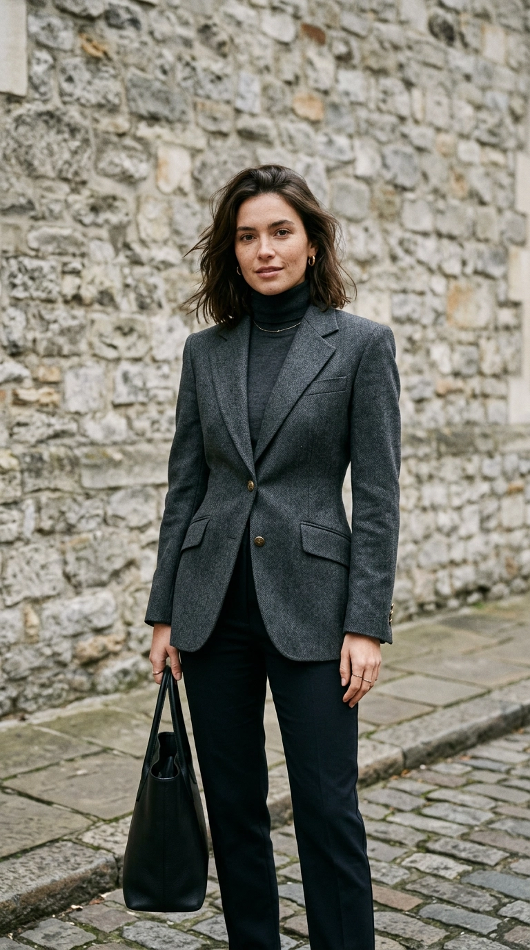 A woman standing against a minimalist stone wall wearing a charcoal grey blazer that is perfectly nipped at the waist and tailored at the shoulders, photorealistic luxury editorial fashion street style, shot on 35mm lens, highly detailed, ultra-realistic, soft natural lighting, editorial aesthetic, no text --ar 9:16