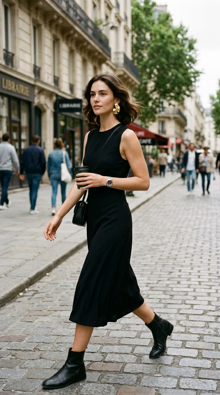 A woman wearing a simple black midi dress with only one bold gold sculptural earring and a sleek watch, minimal jewelry, photorealistic luxury editorial fashion street style, shot on 35mm lens, highly detailed, ultra-realistic, soft natural lighting, editorial aesthetic, no text --ar 9:16