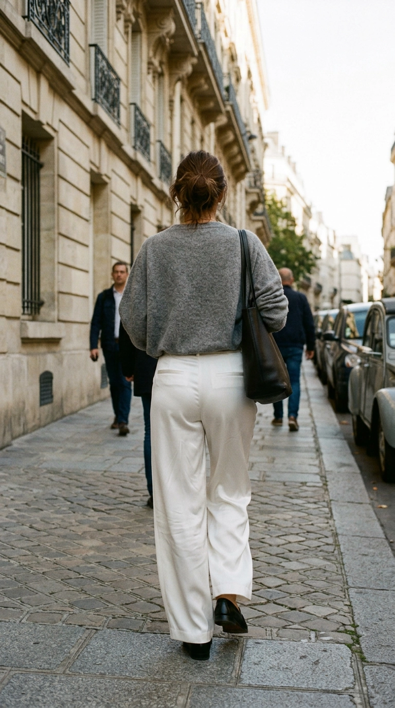 A woman from the back wearing sleek white silk trousers that show a perfectly smooth silhouette with no visible lines, photorealistic luxury editorial fashion street style, shot on 35mm lens, highly detailed, ultra-realistic, soft natural lighting, editorial aesthetic, no text --ar 9:16