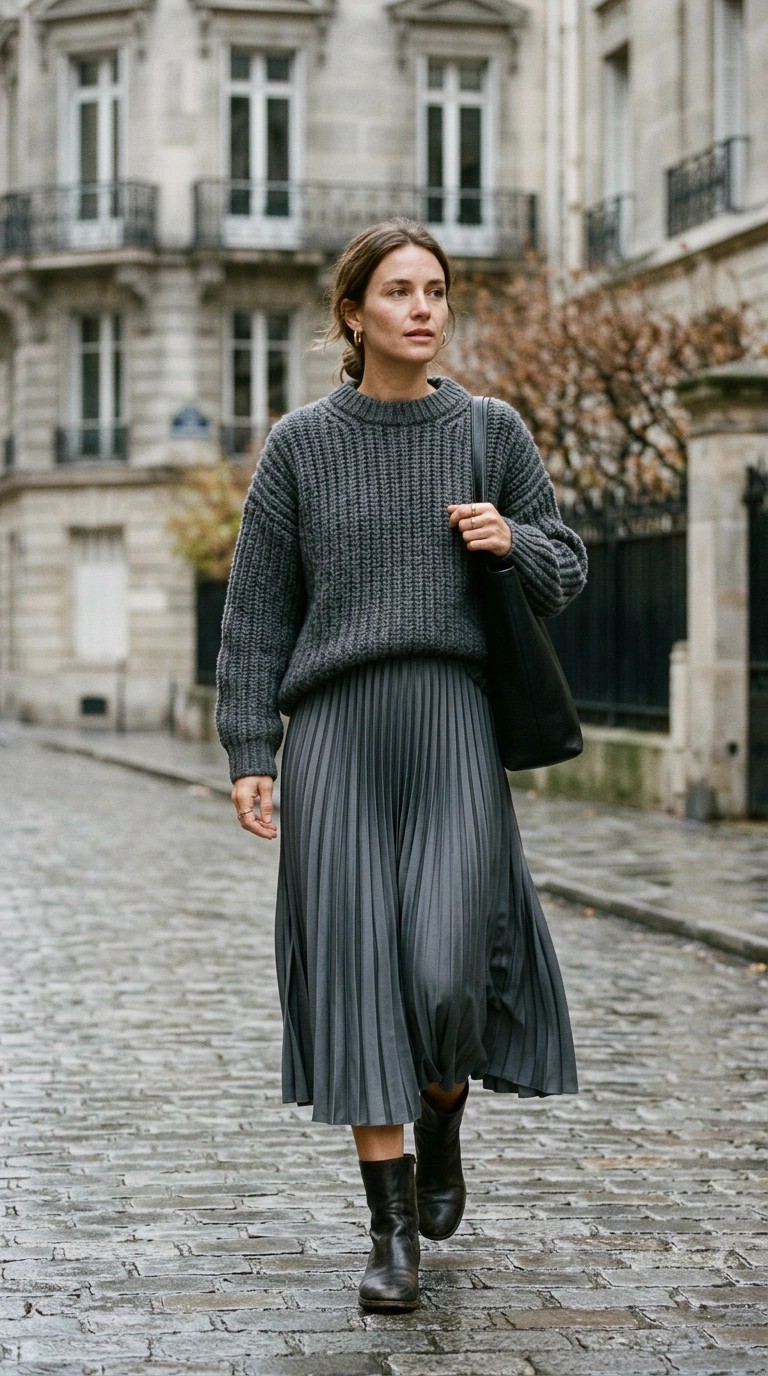 A woman wearing a chunky ribbed knit sweater over a pleated silk skirt, both in tonal grey, showing rich texture contrast, photorealistic luxury editorial fashion street style, shot on 35mm lens, highly detailed, ultra-realistic, soft natural lighting, editorial aesthetic, no text --ar 9:16