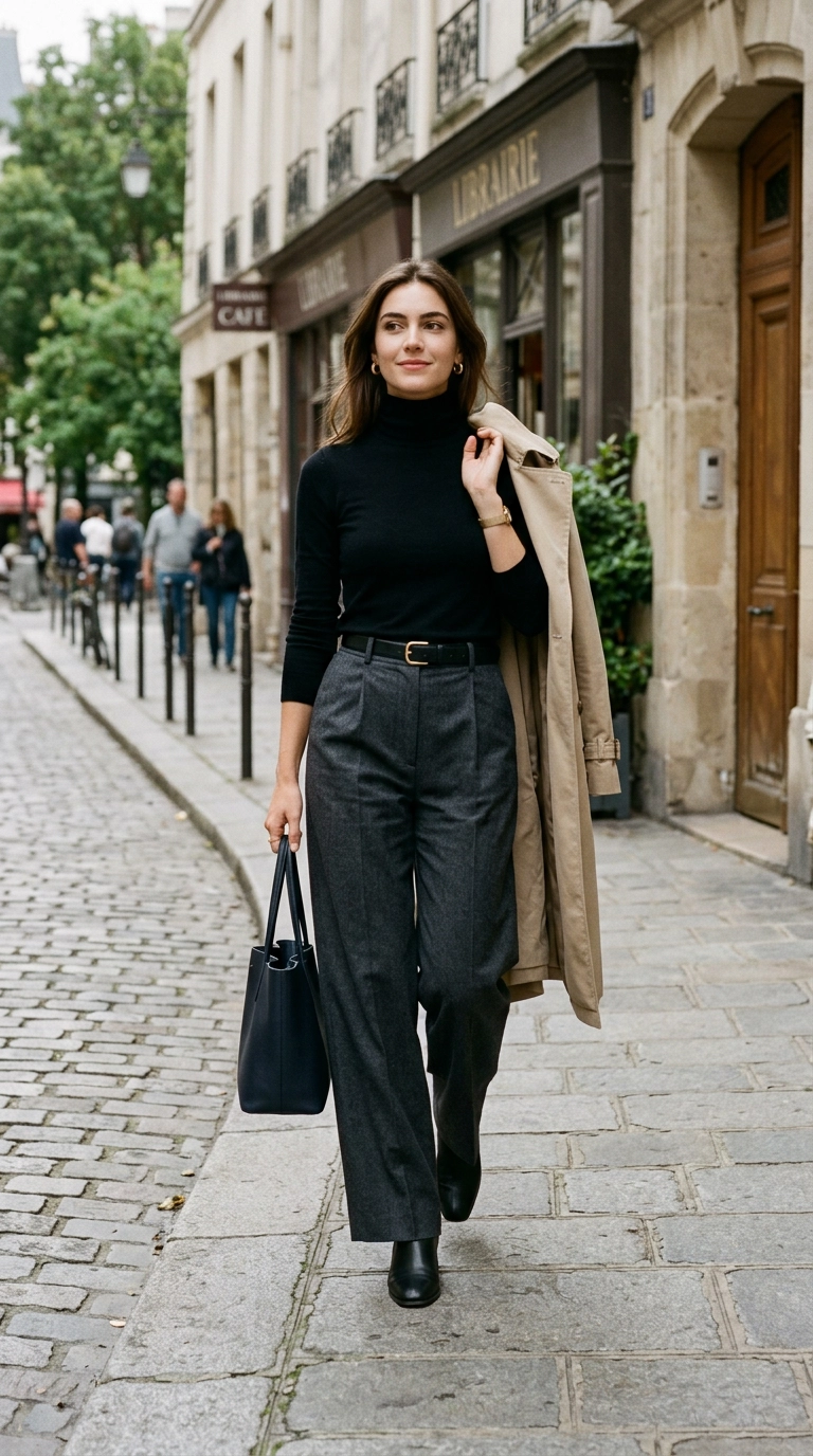 A woman wearing high-waisted wide-leg trousers and a slim tucked-in black turtleneck, creating an elegant silhouette, photorealistic luxury editorial fashion street style, shot on 35mm lens, highly detailed, ultra-realistic, soft natural lighting, editorial aesthetic, no text --ar 9:16