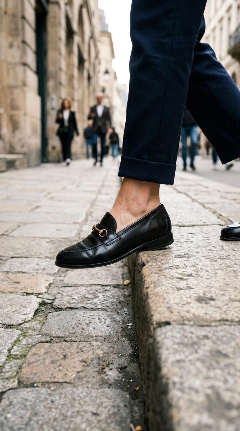 A detail shot of a pair of high-quality polished black leather loafers stepping onto a clean stone pavement, photorealistic luxury editorial fashion street style, shot on 35mm lens, highly detailed, ultra-realistic, soft natural lighting, editorial aesthetic, no text --ar 9:16