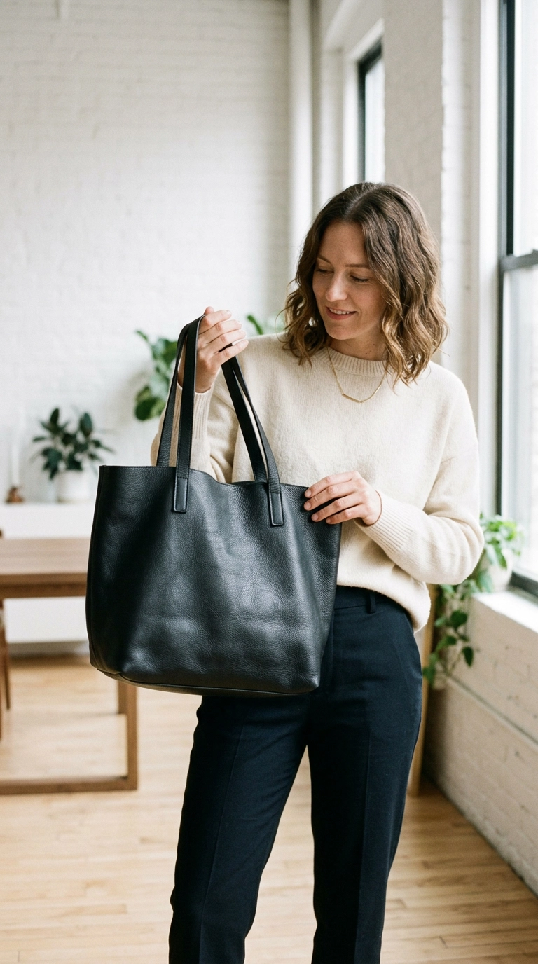 A woman holding a single high-quality black leather tote bag with no visible branding, looking at it with appreciation in a bright room, photorealistic luxury editorial fashion street style, shot on 35mm lens, highly detailed, ultra-realistic, soft natural lighting, editorial aesthetic, no text --ar 9:16