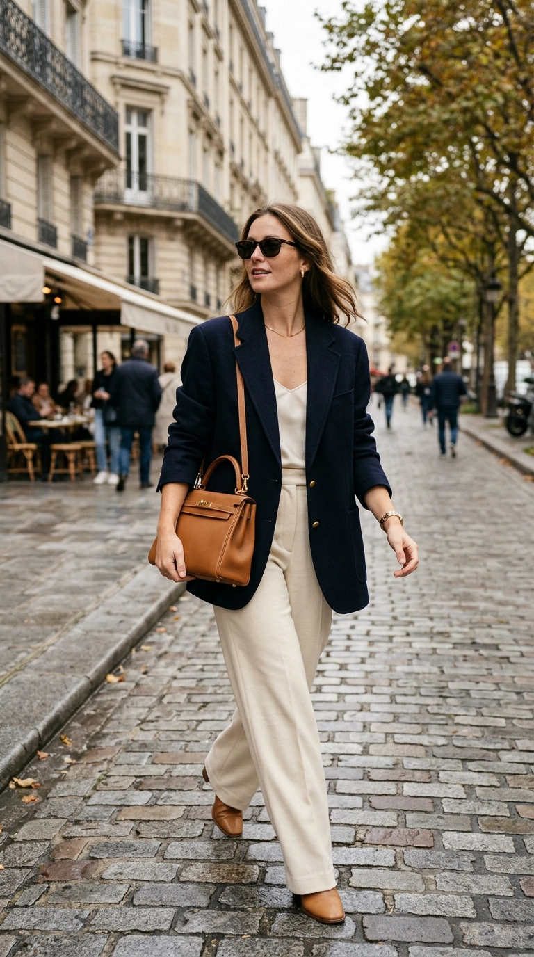 Photorealistic luxury editorial fashion street style, woman wearing an oversized navy blazer and wide-leg cream trousers, carrying a medium-sized structured top-handle crossbody bag that balances the volume of the clothes, shot on 35mm lens, highly detailed, ultra-realistic, soft natural lighting, editorial aesthetic, no text --ar 9:16