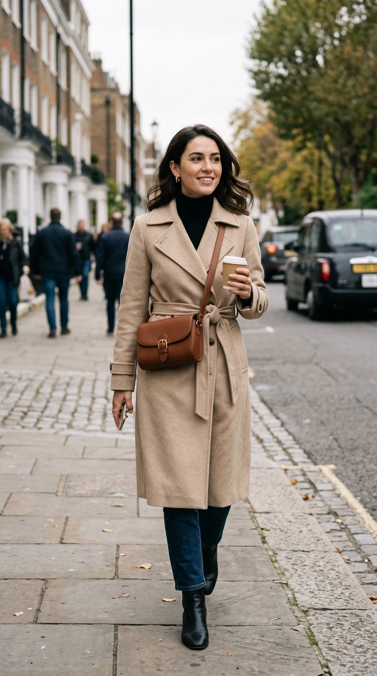 Photorealistic luxury editorial fashion street style, woman in a beige wool trench coat, her leather crossbody bag sits exactly at the natural waistline, defining her silhouette, shot on 35mm lens, highly detailed, ultra-realistic, soft natural lighting, editorial aesthetic, no text --ar 9:16