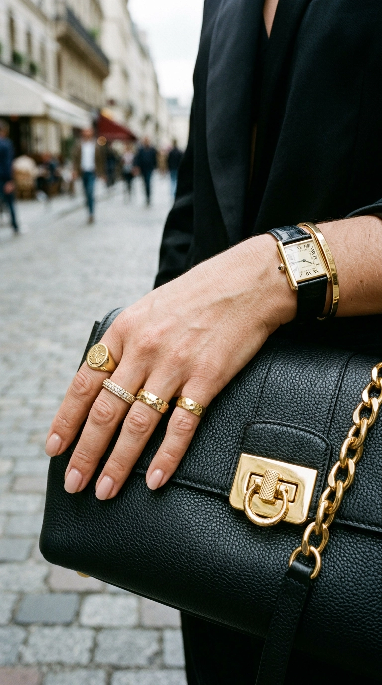 Photorealistic luxury editorial fashion street style, extreme close-up of a woman's hand resting on a black leather bag with polished gold hardware, wearing matching gold rings and a classic gold watch, shot on 35mm lens, highly detailed, ultra-realistic, soft natural lighting, editorial aesthetic, no text --ar 9:16