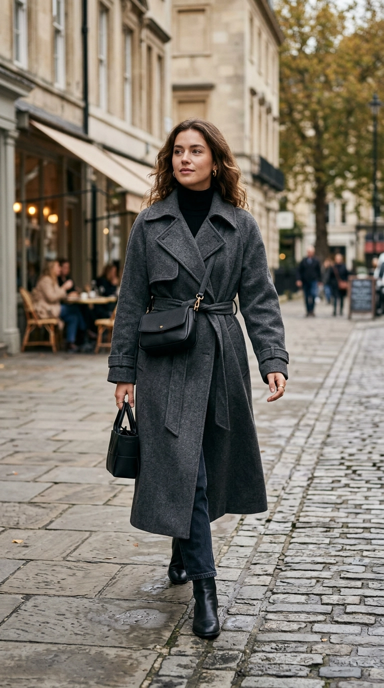 Photorealistic luxury editorial fashion street style, woman in a long charcoal wool coat with a leather crossbody bag worn over the coat, cinching the waist slightly, shot on 35mm lens, highly detailed, ultra-realistic, soft natural lighting, editorial aesthetic, no text --ar 9:16