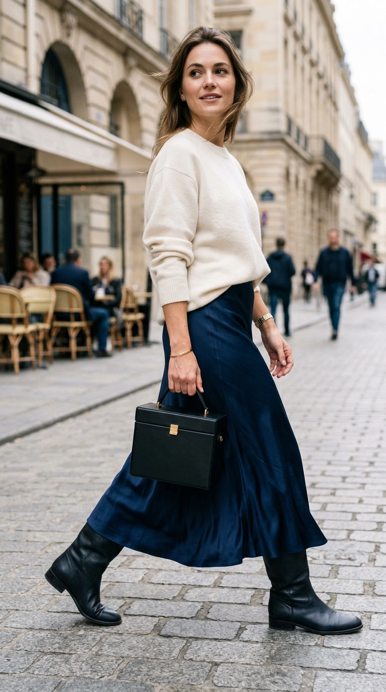 Photorealistic luxury editorial fashion street style, a minimalist luxury box bag held by a woman in a silk midi skirt, the bag maintains its perfect geometric shape, shot on 35mm lens, highly detailed, ultra-realistic, soft natural lighting, editorial aesthetic, no text --ar 9:16