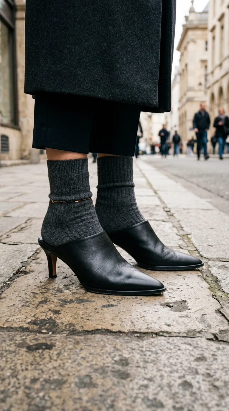 A close-up of a woman's feet wearing sleek black leather mules and charcoal grey cashmere socks, standing on a clean sidewalk, photorealistic luxury editorial fashion street style, shot on 35mm lens, highly detailed, ultra-realistic, soft natural lighting, editorial aesthetic. --ar 9:16