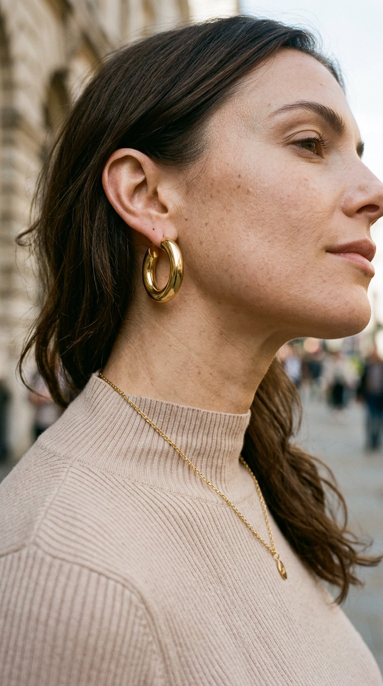 A close-up of a woman's neck and ears wearing chunky gold hoop earrings and a delicate gold chain over a beige mock-neck lounge top, photorealistic luxury editorial fashion street style, shot on 35mm lens, highly detailed, ultra-realistic, soft natural lighting, editorial aesthetic. --ar 9:16