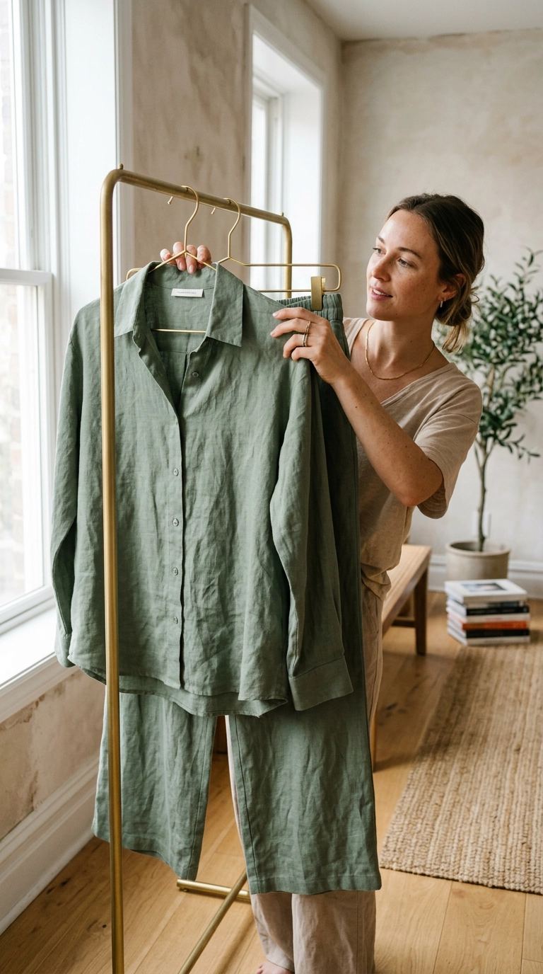 A crisp, steamed sage green linen loungewear set hanging on a minimalist brass rack in a bright room, photorealistic luxury editorial fashion street style, shot on 35mm lens, highly detailed, ultra-realistic, soft natural lighting, editorial aesthetic. --ar 9:16