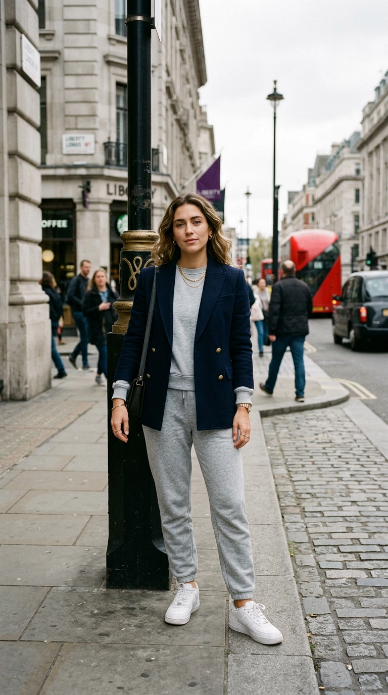 A woman wearing a grey marl sweatshirt and joggers, layered with a sharp navy blue tailored blazer and gold jewelry, standing on a city street corner, photorealistic luxury editorial fashion street style, shot on 35mm lens, highly detailed, ultra-realistic, soft natural lighting, editorial aesthetic. --ar 9:16