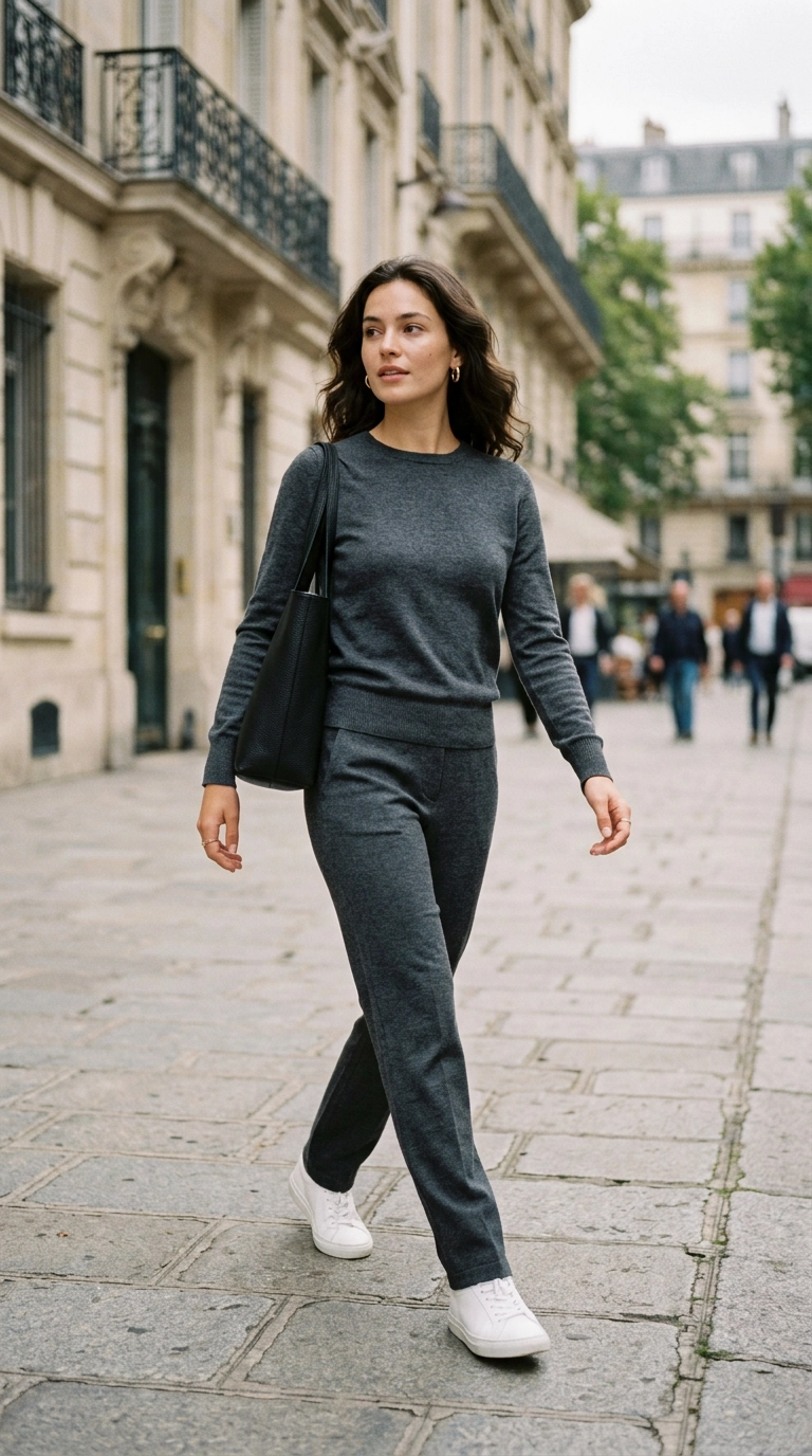 A woman wearing a perfectly fitted charcoal grey jersey lounge set that retains its shape at the knees and elbows as she walks, photorealistic luxury editorial fashion street style, shot on 35mm lens, highly detailed, ultra-realistic, soft natural lighting, editorial aesthetic. --ar 9:16