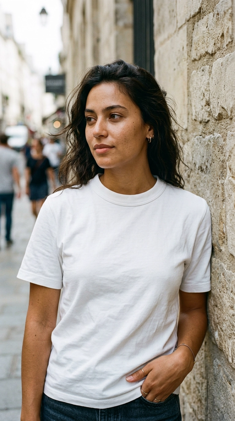 photorealistic luxury editorial fashion street style, shot on 35mm lens, highly detailed, ultra-realistic, soft natural lighting, editorial aesthetic, close-up of a woman in a thick, premium heavyweight white cotton t-shirt with a structured neckline, standing against a minimalist stone wall, no text --ar 9:16