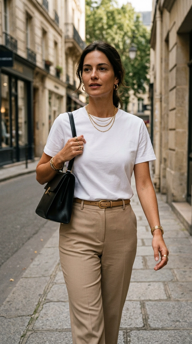 photorealistic luxury editorial fashion street style, shot on 35mm lens, highly detailed, ultra-realistic, soft natural lighting, editorial aesthetic, a woman styled in a crisp white t-shirt and gold jewelry, showing a smooth and seamless silhouette with no visible bra lines, no text --ar 9:16