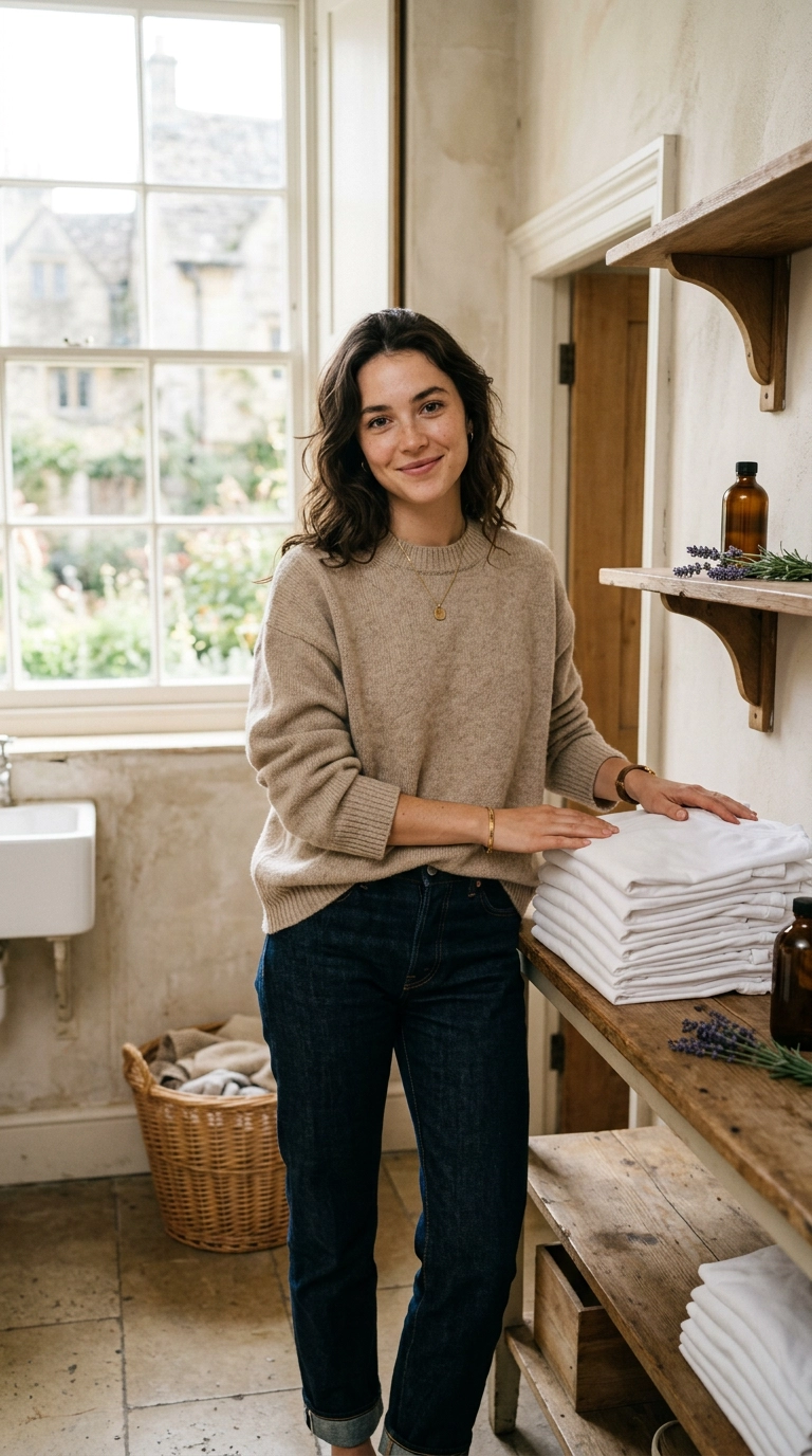 photorealistic luxury editorial fashion street style, shot on 35mm lens, highly detailed, ultra-realistic, soft natural lighting, editorial aesthetic, a minimalist laundry room with sun streaming in, featuring a stack of perfectly bright, folded white t-shirts on a wooden shelf, no text --ar 9:16