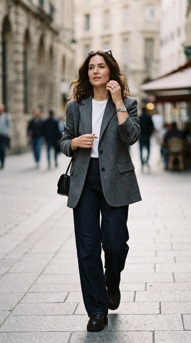 photorealistic luxury editorial fashion street style, shot on 35mm lens, highly detailed, ultra-realistic, soft natural lighting, editorial aesthetic, a woman layering a white t-shirt under a structured grey blazer with silver watches and rings, looking sophisticated and modern, no text --ar 9:16