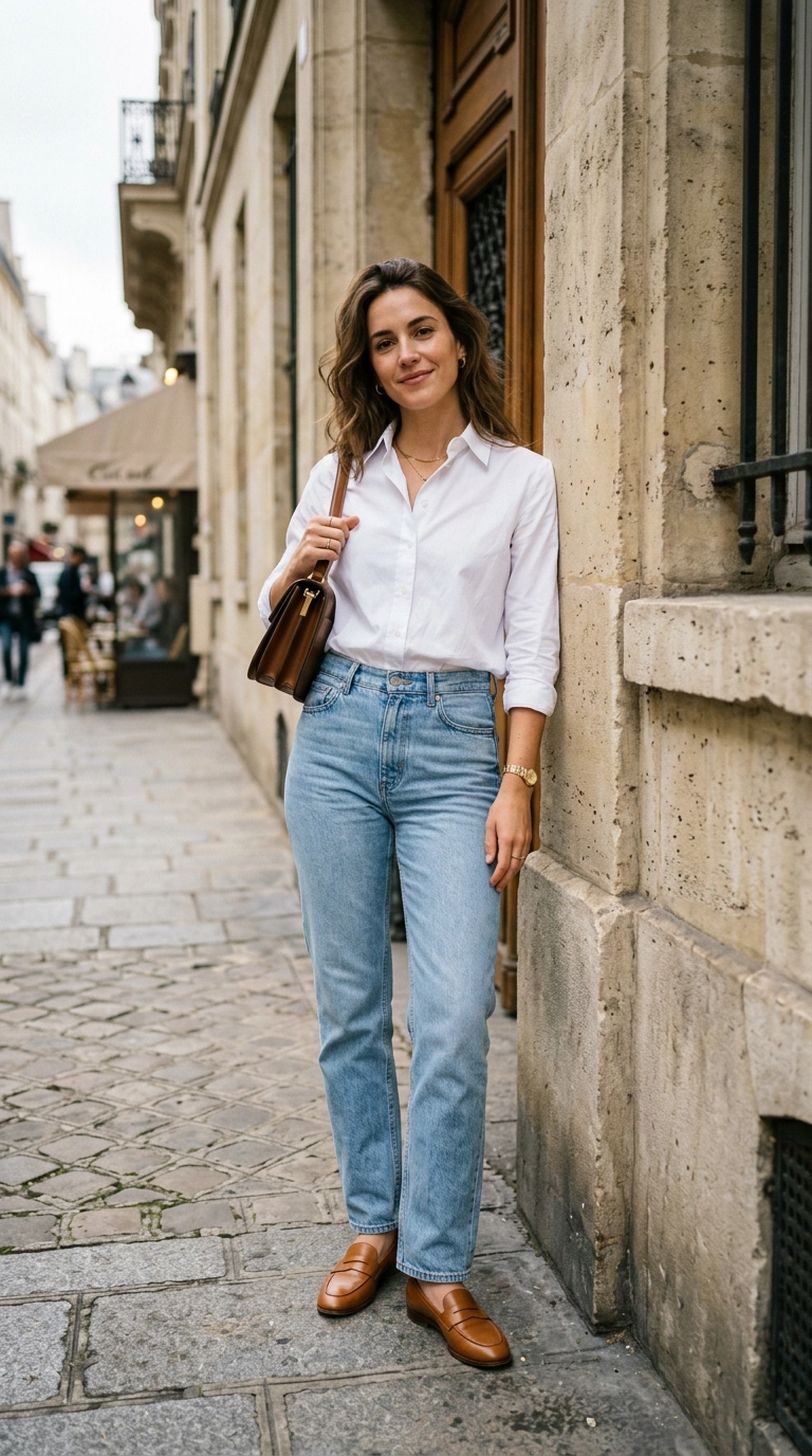 A chic woman standing by a limestone building wearing high-quality straight-leg light wash jeans with zero distressing, paired with a tucked-in white button-down and tan loafers, photorealistic luxury editorial fashion street style, shot on 35mm lens, highly detailed, ultra-realistic, soft natural lighting, editorial aesthetic, no text, no typography --ar 9:16