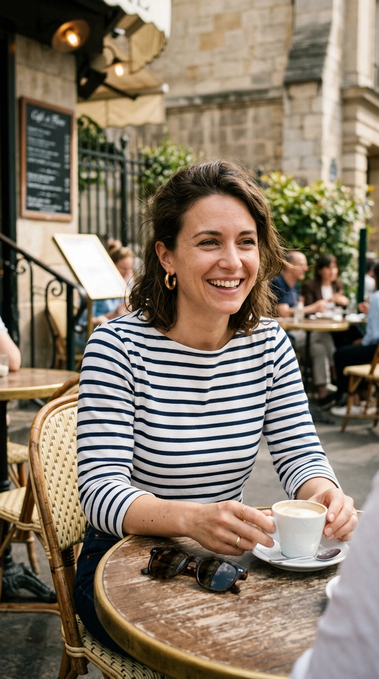 A woman sitting at an outdoor Parisian cafe with her sunglasses resting on the table next to a cup of coffee, wearing a striped Breton top and gold hoop earrings, looking engaged and friendly, photorealistic luxury editorial fashion street style, shot on 35mm lens, highly detailed, ultra-realistic, soft natural lighting, editorial aesthetic, no text, no typography --ar 9:16