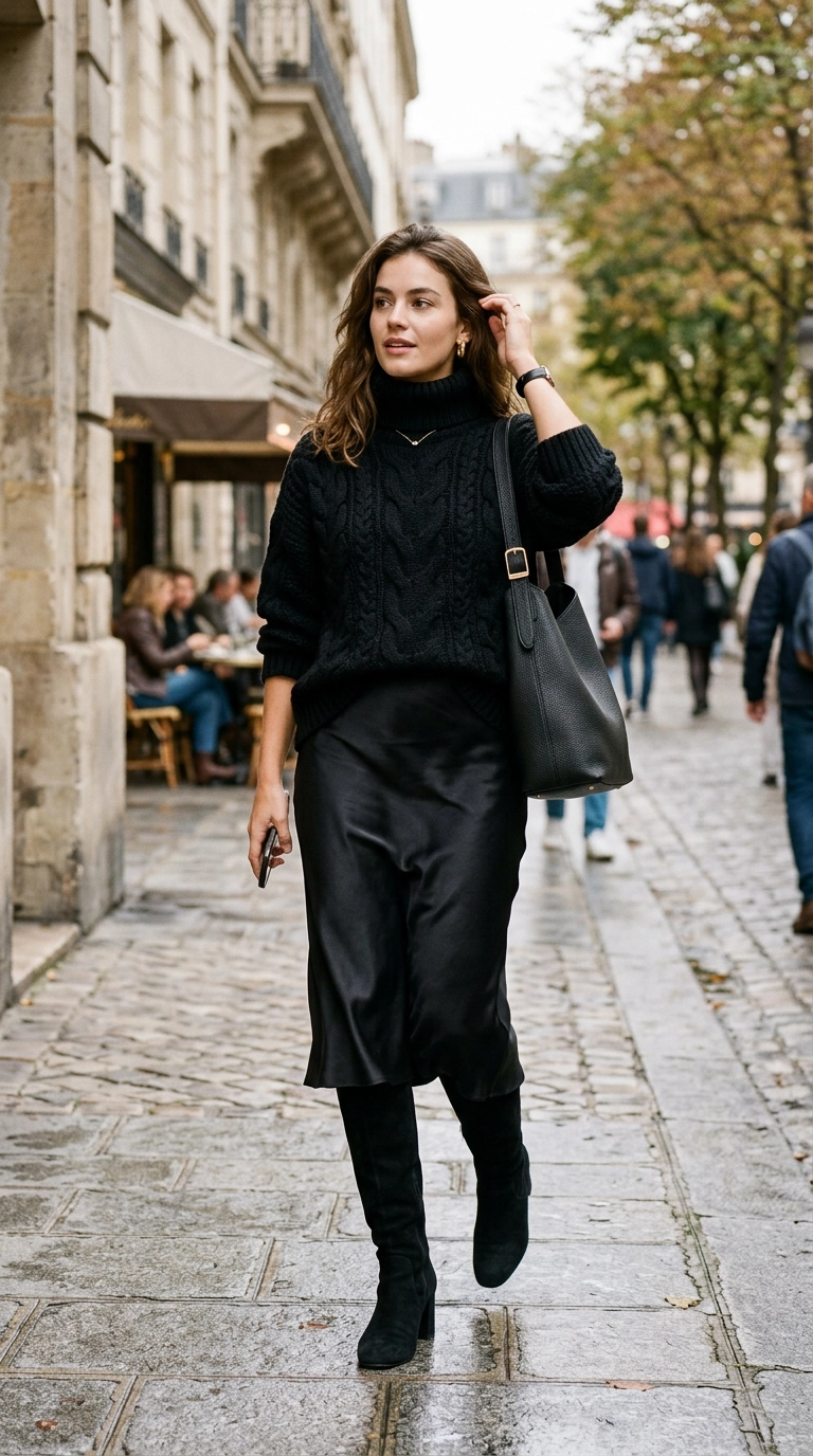 A woman wearing an all-black outfit consisting of a silk slip skirt, a chunky knit oversized sweater, and suede boots, showcasing a mix of rich textures, photorealistic luxury editorial fashion street style, shot on 35mm lens, highly detailed, ultra-realistic, soft natural lighting, editorial aesthetic, no text, no typography --ar 9:16
