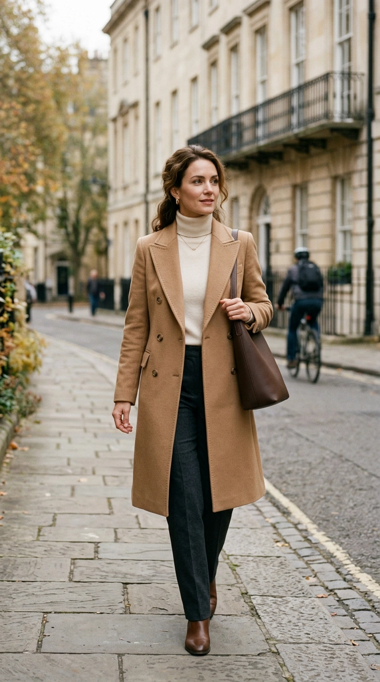A stylish woman in a quiet luxury outfit featuring a high-end tan wool coat and a simple leather handbag without visible branding, looking modest and elegant, photorealistic luxury editorial fashion street style, shot on 35mm lens, highly detailed, ultra-realistic, soft natural lighting, editorial aesthetic, no text, no typography --ar 9:16