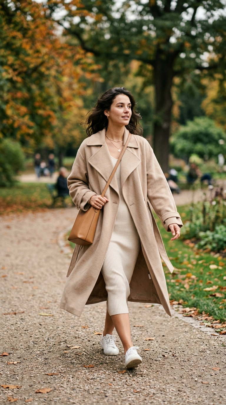 A woman wearing a soft, draped oversized trench coat over a lightweight knit dress, moving naturally through a park setting, photorealistic luxury editorial fashion street style, shot on 35mm lens, highly detailed, ultra-realistic, soft natural lighting, editorial aesthetic, no text, no typography --ar 9:16