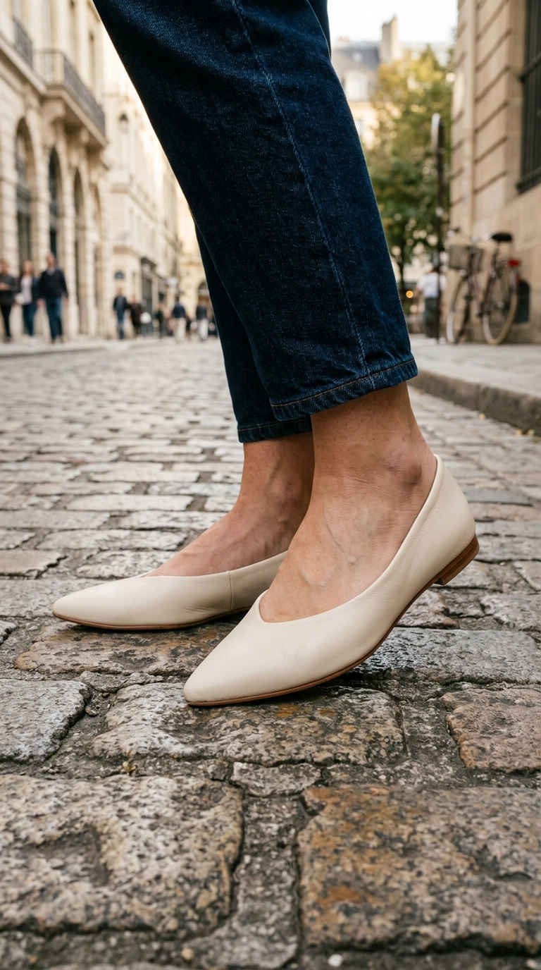 Close up of a woman's feet in pristine cream-colored pointed-toe flats, standing on a clean cobblestone street, photorealistic luxury editorial fashion street style, shot on 35mm lens, highly detailed, ultra-realistic, soft natural lighting, editorial aesthetic, no text, no typography --ar 9:16