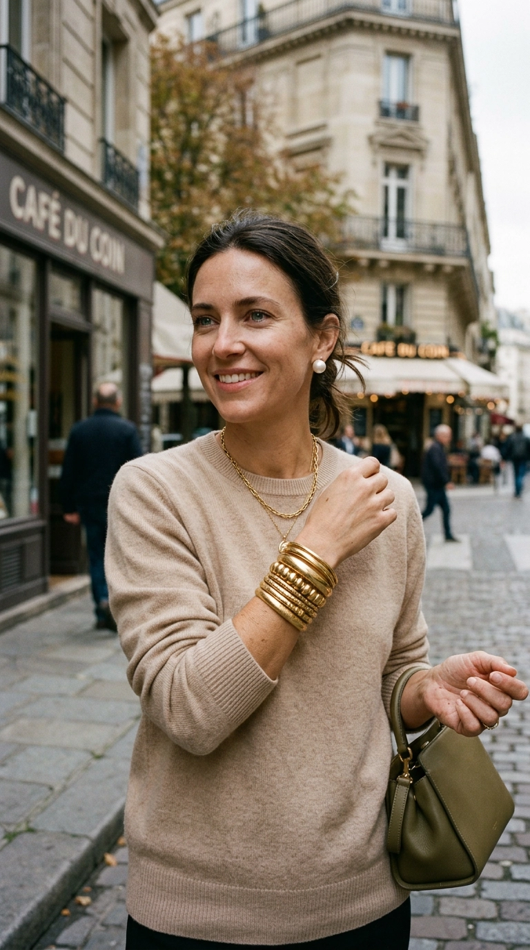 A woman wearing a stack of rounded gold bangles and soft pearl earrings, paired with a simple beige sweater, photorealistic luxury editorial fashion street style, shot on 35mm lens, highly detailed, ultra-realistic, soft natural lighting, editorial aesthetic, no text, no typography --ar 9:16