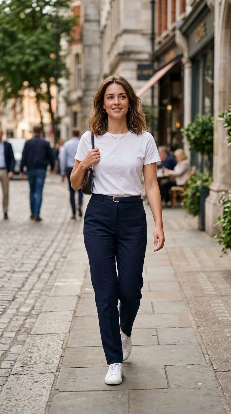 A woman in a premium quality plain white organic cotton t-shirt tucked into tailored navy trousers, looking clean and fresh, photorealistic luxury editorial fashion street style, shot on 35mm lens, highly detailed, ultra-realistic, soft natural lighting, editorial aesthetic, no text, no typography --ar 9:16