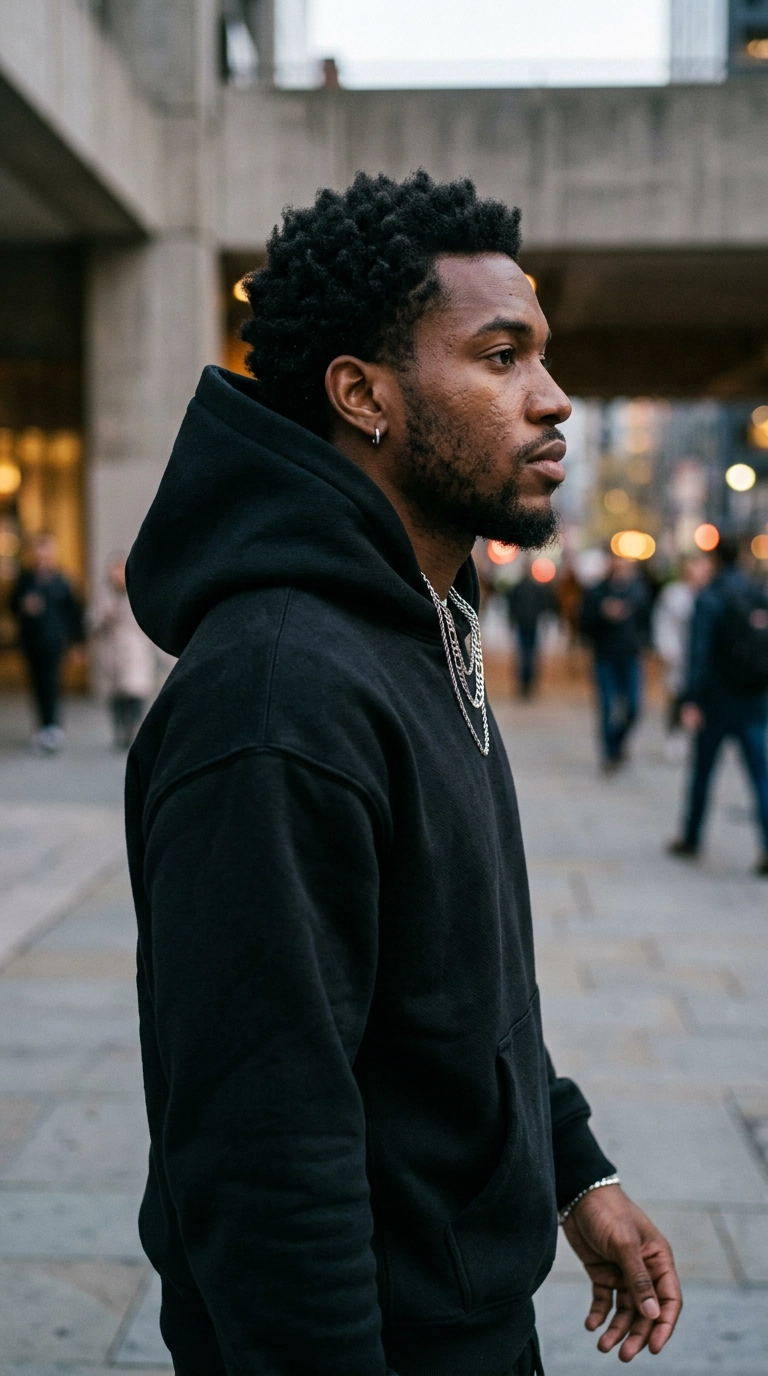 A close-up side profile of a male model wearing a premium 500GSM heavy-weight black cotton hoodie with a stiff, standing hood, paired with silver chain jewelry, photorealistic luxury editorial fashion street style, shot on 35mm lens, highly detailed, ultra-realistic, soft natural lighting, editorial aesthetic, no text --ar 9:16