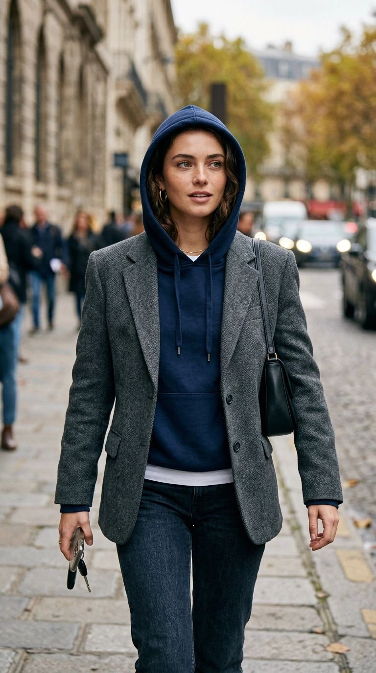 A medium shot of a model wearing a navy blue hoodie under a structured grey wool blazer, the hood perfectly centered and standing up over the blazer collar, photorealistic luxury editorial fashion street style, shot on 35mm lens, highly detailed, ultra-realistic, soft natural lighting, editorial aesthetic, no text --ar 9:16