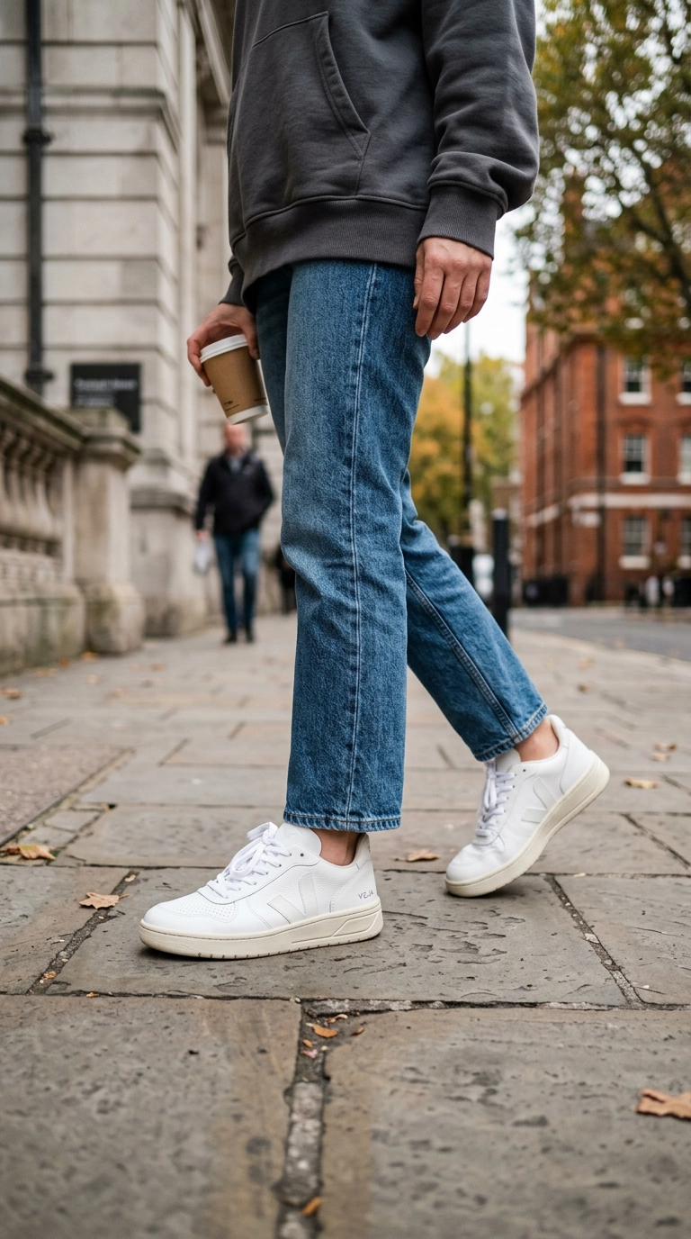 A ground-level shot focusing on clean, chunky white designer sneakers paired with straight-leg denim and the bottom hem of a hoodie, photorealistic luxury editorial fashion street style, shot on 35mm lens, highly detailed, ultra-realistic, soft natural lighting, editorial aesthetic, no text --ar 9:16
