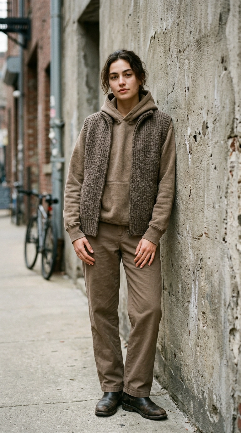 A model standing in front of a concrete wall wearing a monochromatic earth-toned hoodie with no logos, layered with a textured vest, photorealistic luxury editorial fashion street style, shot on 35mm lens, highly detailed, ultra-realistic, soft natural lighting, editorial aesthetic, no text --ar 9:16