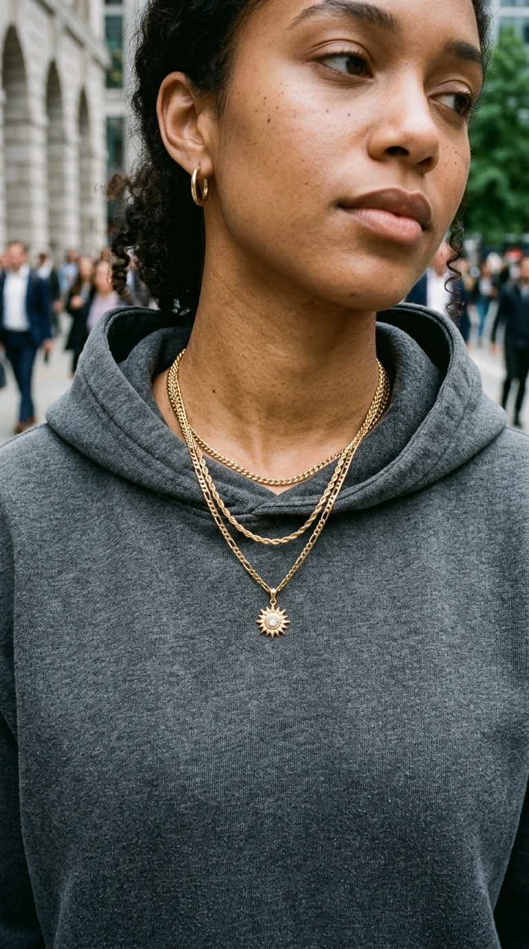 A close-up of a person's chest wearing a grey hoodie with several layered gold chains and a small pendant, photorealistic luxury editorial fashion street style, shot on 35mm lens, highly detailed, ultra-realistic, soft natural lighting, editorial aesthetic, no text --ar 9:16