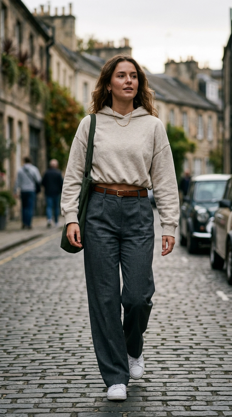 A model wearing an oat-colored hoodie with the bottom ribbing folded inward to create a cropped effect, paired with high-waisted trousers, photorealistic luxury editorial fashion street style, shot on 35mm lens, highly detailed, ultra-realistic, soft natural lighting, editorial aesthetic, no text --ar 9:16