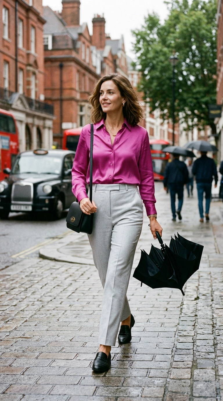 A sophisticated woman in a London setting wearing a cool-toned fuchsia silk blouse paired with icy silver-grey tailored pants, photorealistic luxury editorial fashion street style, shot on 35mm lens, highly detailed, ultra-realistic, soft natural lighting, editorial aesthetic, no text, no typography --ar 9:16