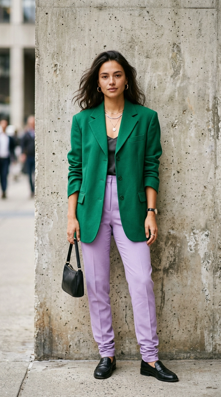 A female model standing against a minimal concrete wall wearing a 70/30 color split with an oversized emerald green blazer and slim lavender trousers, photorealistic luxury editorial fashion street style, shot on 35mm lens, highly detailed, ultra-realistic, soft natural lighting, editorial aesthetic, no text, no typography --ar 9:16