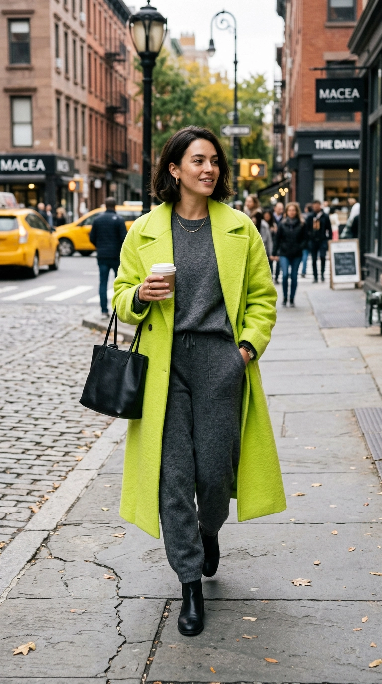 A chic woman in Manhattan wearing a neon lime oversized coat over a muted charcoal grey set, photorealistic luxury editorial fashion street style, shot on 35mm lens, highly detailed, ultra-realistic, soft natural lighting, editorial aesthetic, no text, no typography --ar 9:16