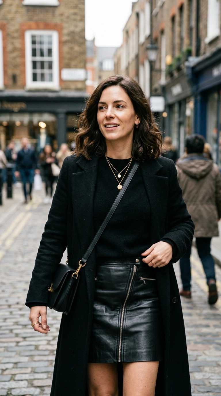 A close-up of a fashion editor wearing different textures of black including a leather skirt and a cashmere knit, photorealistic luxury editorial fashion street style, shot on 35mm lens, highly detailed, ultra-realistic, soft natural lighting, editorial aesthetic, no text, no typography --ar 9:16