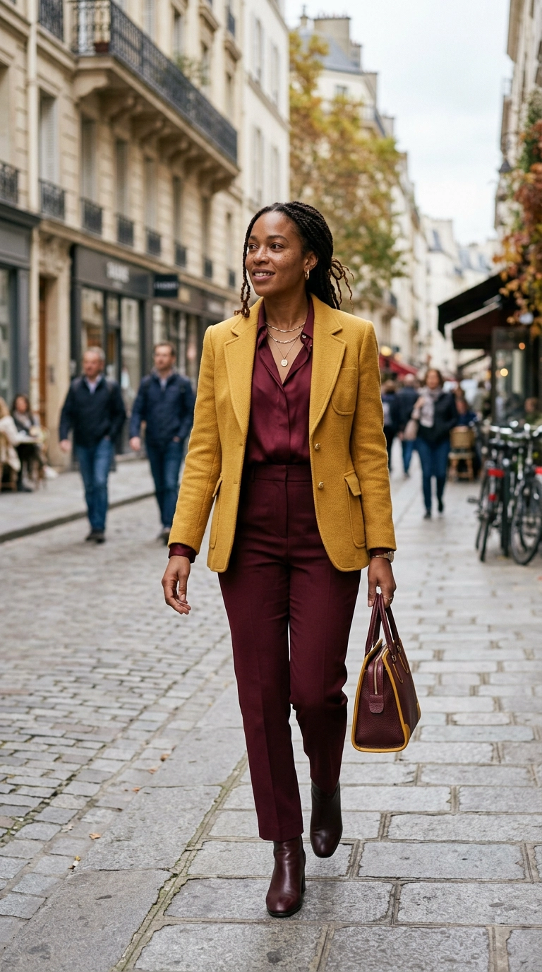 A model wearing a sophisticated mix of mustard yellow and deep burgundy, photorealistic luxury editorial fashion street style, shot on 35mm lens, highly detailed, ultra-realistic, soft natural lighting, editorial aesthetic, no text, no typography --ar 9:16