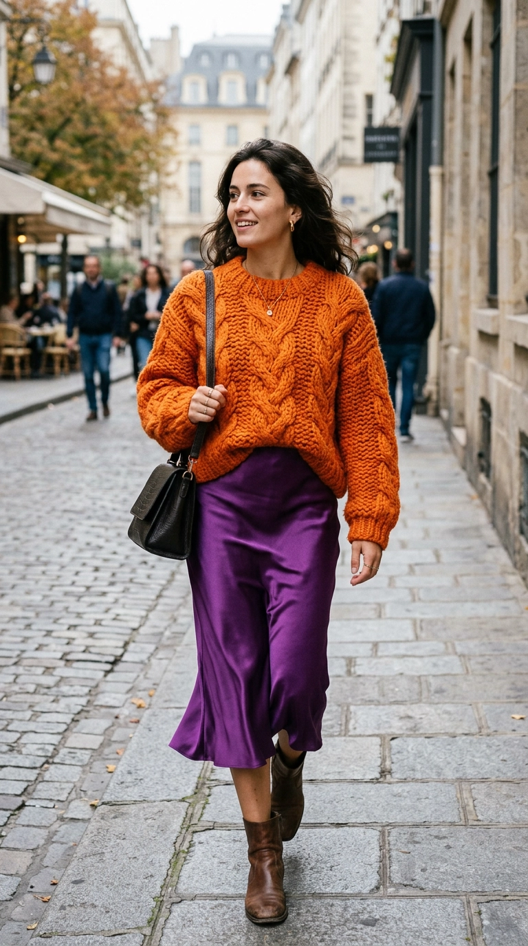 An editorial shot of a woman wearing a heavy chunky knit orange sweater with a sleek purple satin skirt, photorealistic luxury editorial fashion street style, shot on 35mm lens, highly detailed, ultra-realistic, soft natural lighting, editorial aesthetic, no text, no typography --ar 9:16