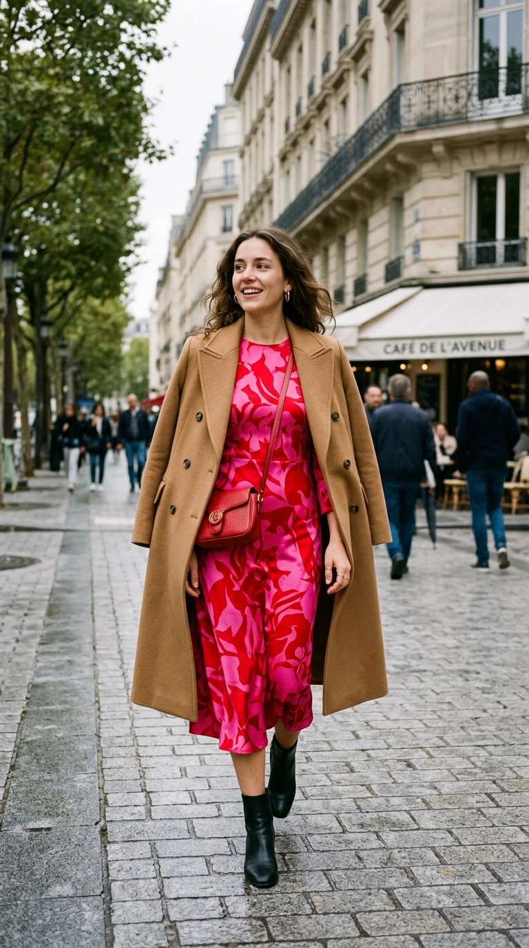 A woman walking in Paris wearing a bold pink and red outfit with a camel wool coat draped over her shoulders, photorealistic luxury editorial fashion street style, shot on 35mm lens, highly detailed, ultra-realistic, soft natural lighting, editorial aesthetic, no text, no typography --ar 9:16