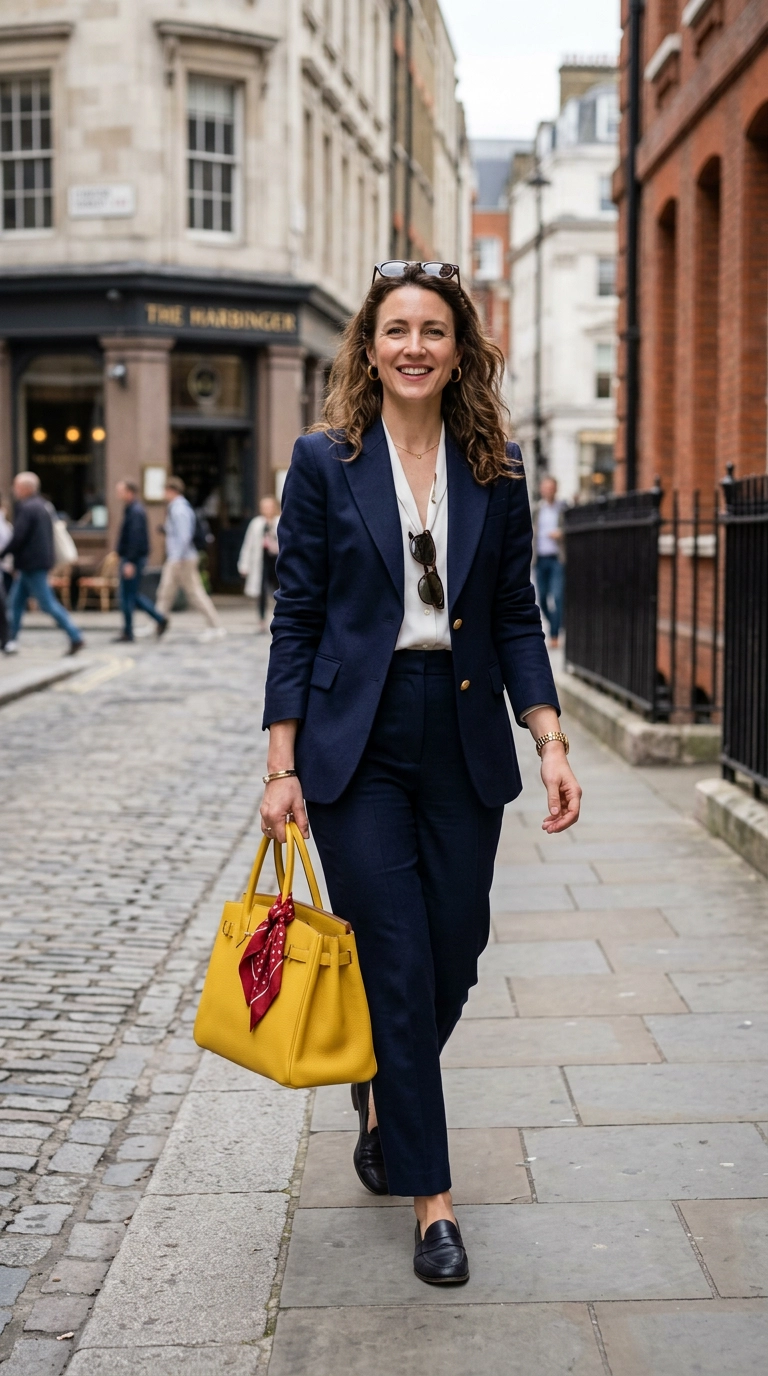 A woman wearing a navy suit with a yellow bag and a small red silk scarf tied to the handle, photorealistic luxury editorial fashion street style, shot on 35mm lens, highly detailed, ultra-realistic, soft natural lighting, editorial aesthetic, no text, no typography --ar 9:16