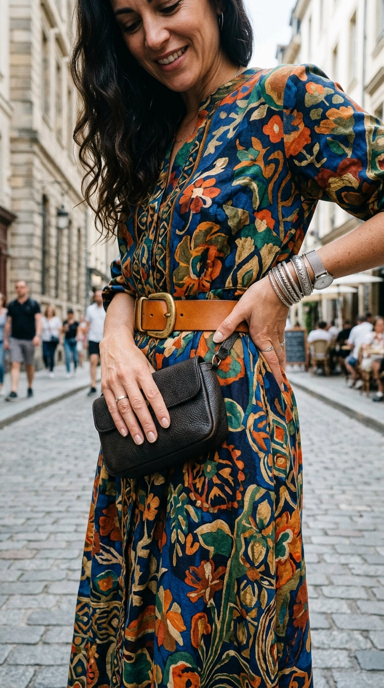 A detail shot of a woman's hands and waist showing silver jewelry and a gold-buckle belt on a colorful dress, photorealistic luxury editorial fashion street style, shot on 35mm lens, highly detailed, ultra-realistic, soft natural lighting, editorial aesthetic, no text, no typography --ar 9:16