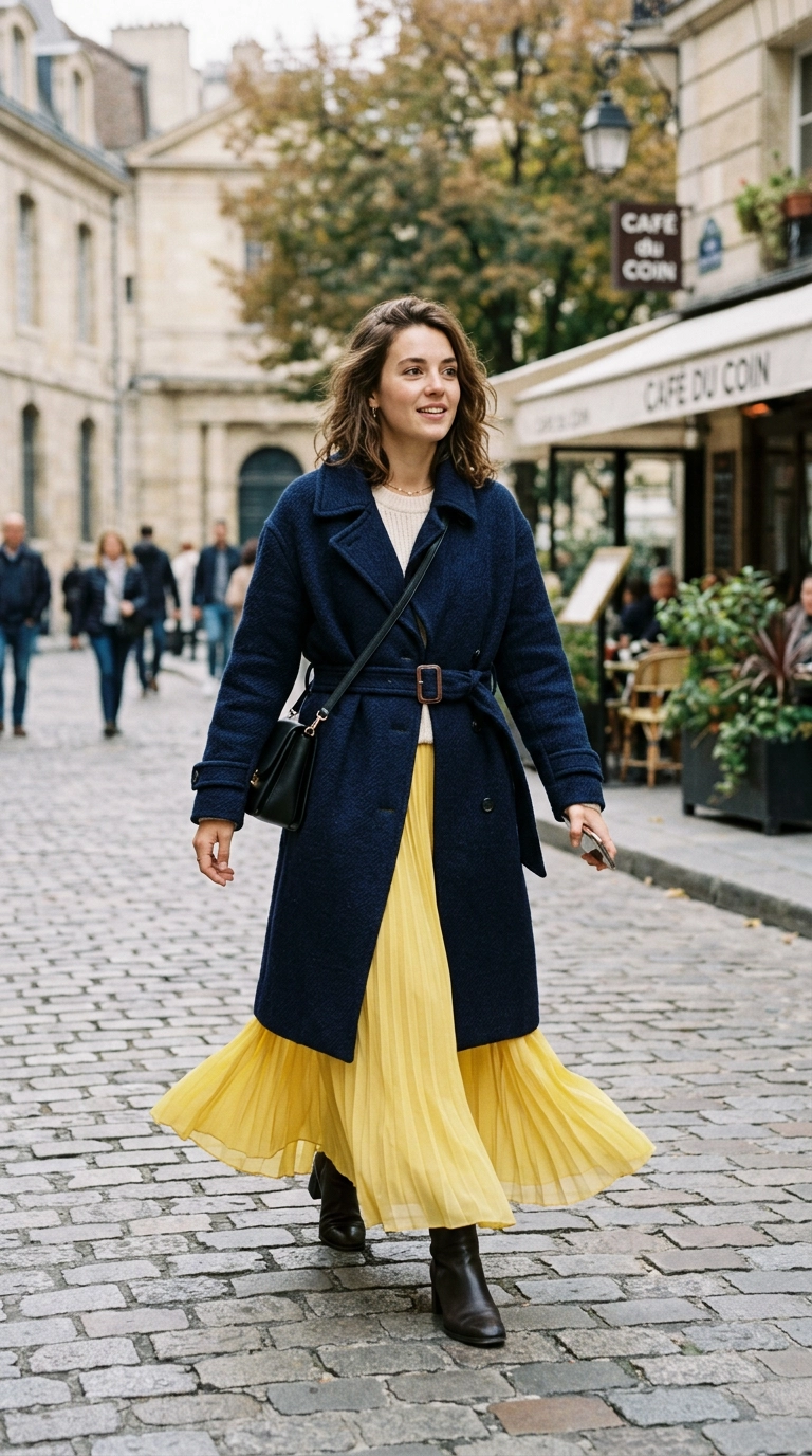 A woman wearing a heavy winter weight navy wool coat with a light airy summer yellow chiffon skirt, photorealistic luxury editorial fashion street style, shot on 35mm lens, highly detailed, ultra-realistic, soft natural lighting, editorial aesthetic, no text, no typography --ar 9:16