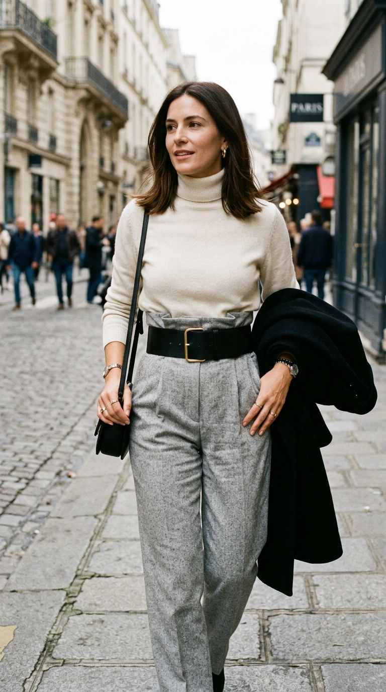 A mid-shot of a woman wearing light gray high-waisted wool trousers with an excessively wide 4-inch black leather belt that is causing the fabric to buckle and fold unnaturally, photorealistic luxury editorial fashion street style, shot on 35mm lens, highly detailed, ultra-realistic, soft natural lighting, editorial aesthetic, no text --ar 9:16